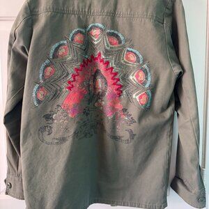 Free People Ecote Army Green Embroidered Peacock Military Shirt Jacket – Small